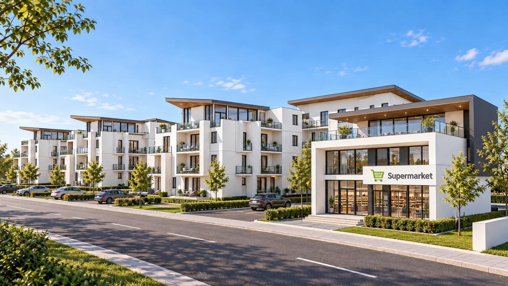 Randare a spațiului comercial cu vitraje ample, alături de clădirile rezidențiale.