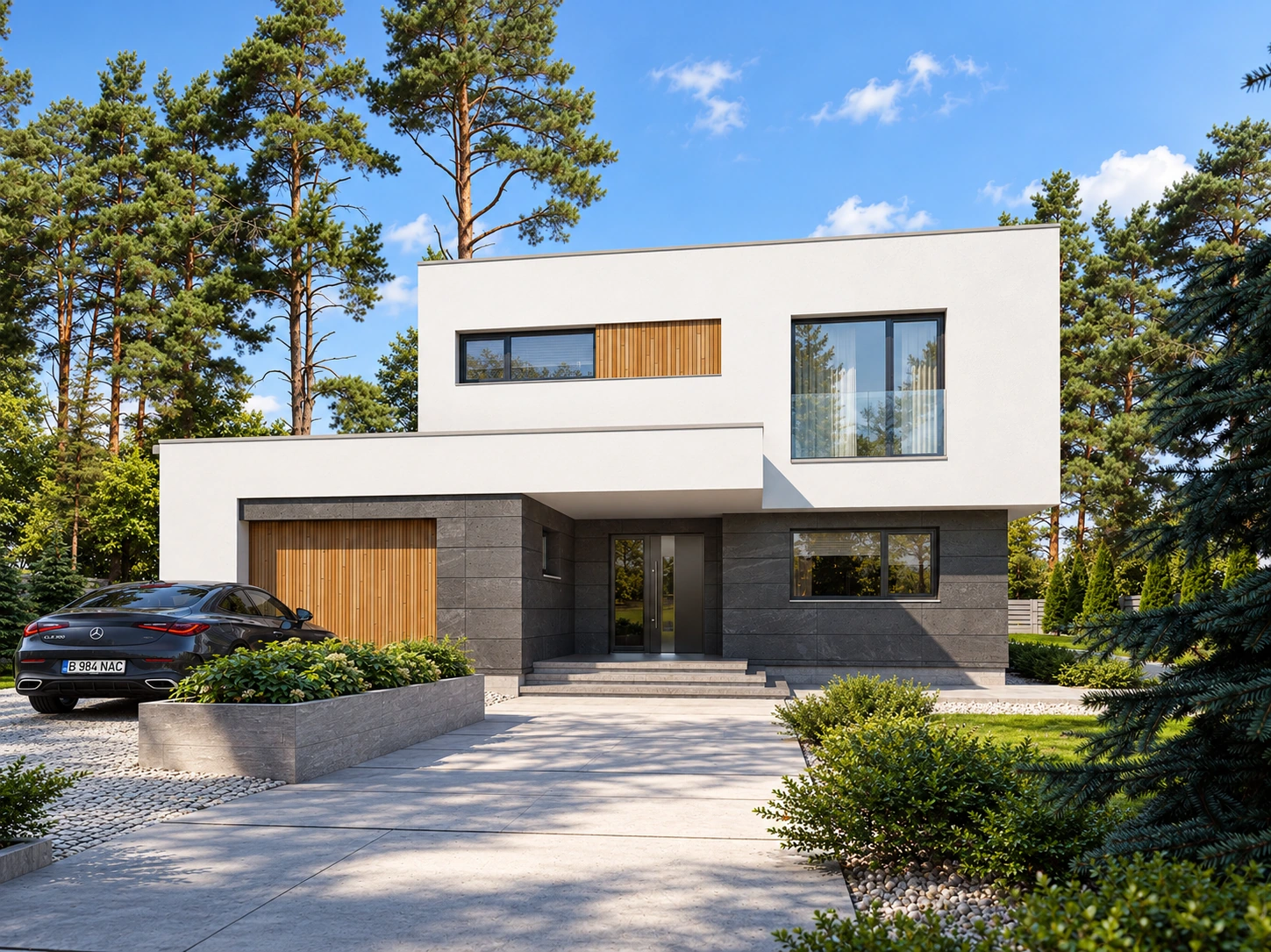 Casa Mateo, perspectivă frontală de vară: locuință P+1 cu acoperiș plat, garaj în stânga, intrare centrală și fațadă albă cu piatră gri și lemn.