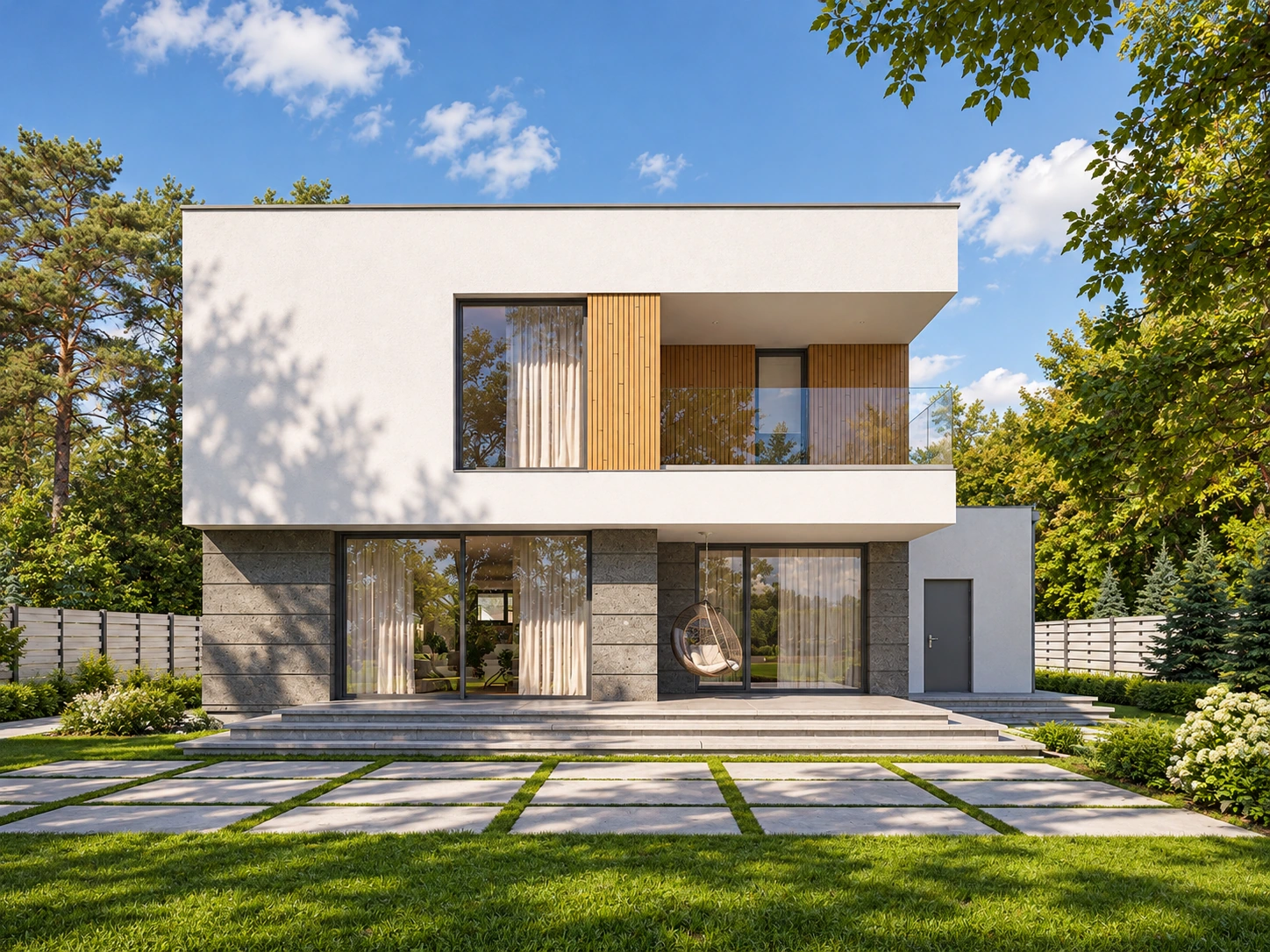 Casa Mateo văzută din grădină, cu două deschideri vitrate la parter, terasă cu trepte, balcon retras cu balustradă din sticlă și ușă de serviciu în dreapta.