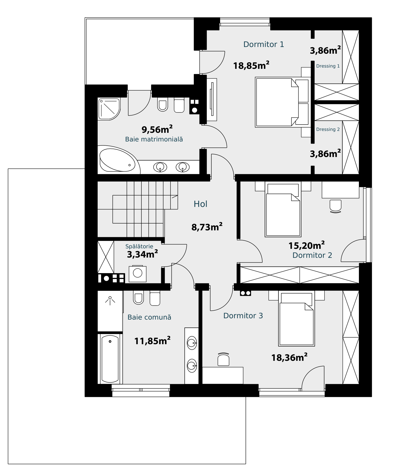 Plan etaj Casa Mateo cu trei dormitoare de 18,85, 15,20 și 18,36 m², două dressinguri de câte 3,86 m², băi de 9,56 și 11,85 m², hol și spălătorie.