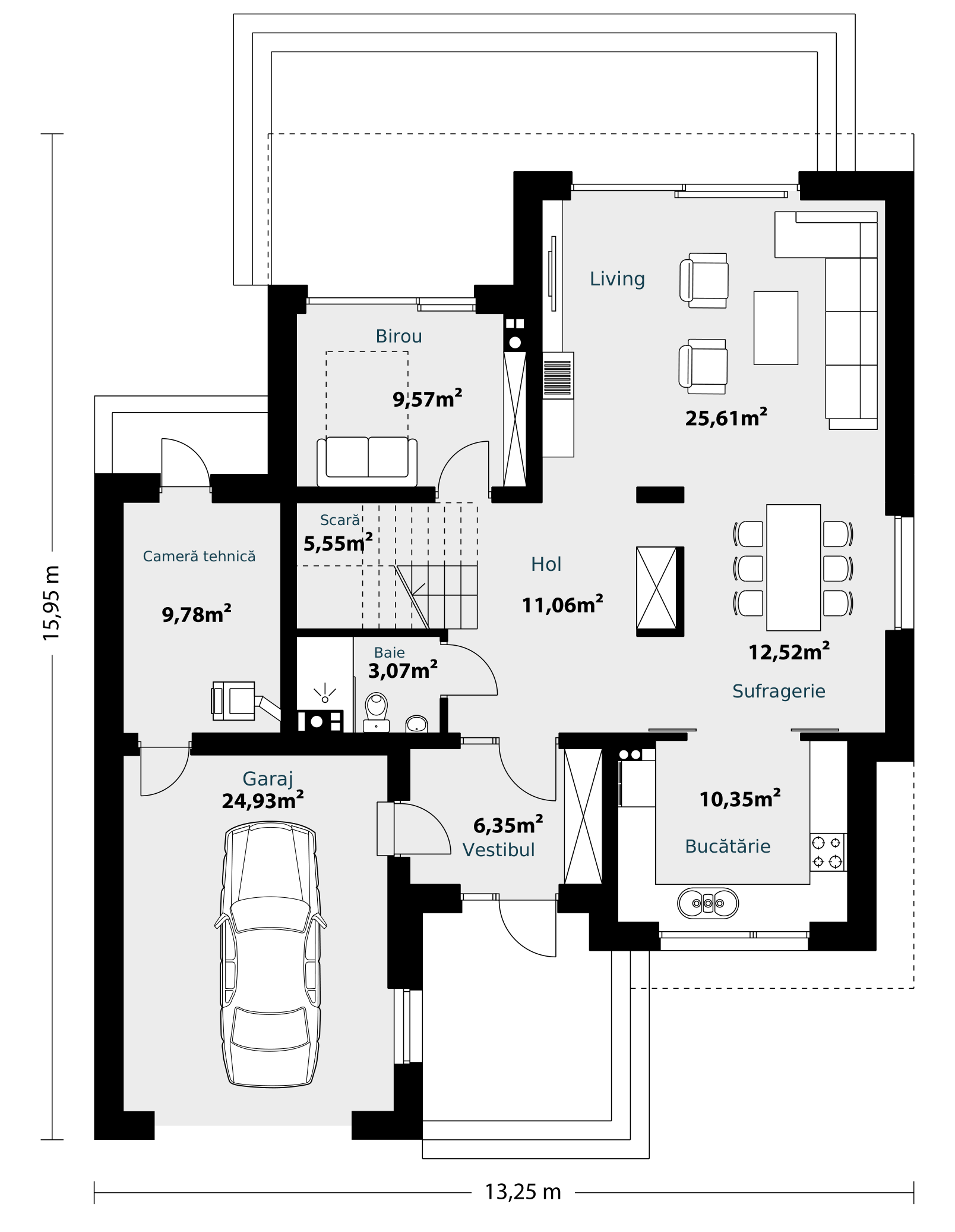 Plan parter Casa Mateo: vestibul, hol, scară, living 25,61 m², sufragerie 12,52 m², bucătărie 10,35 m², birou, baie, cameră tehnică și garaj de 24,93 m².