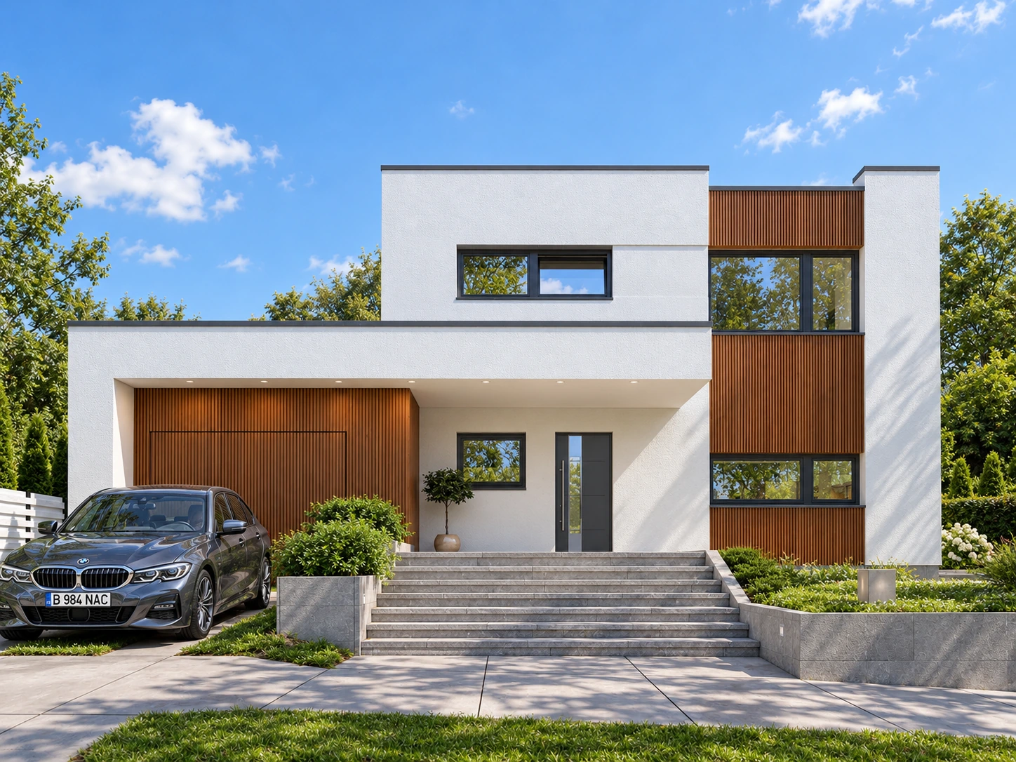 Randare realistă de vară a fațadei principale Casa Nucului, casă P+1 cu garaj în stânga, intrare centrală și placări verticale din lemn.