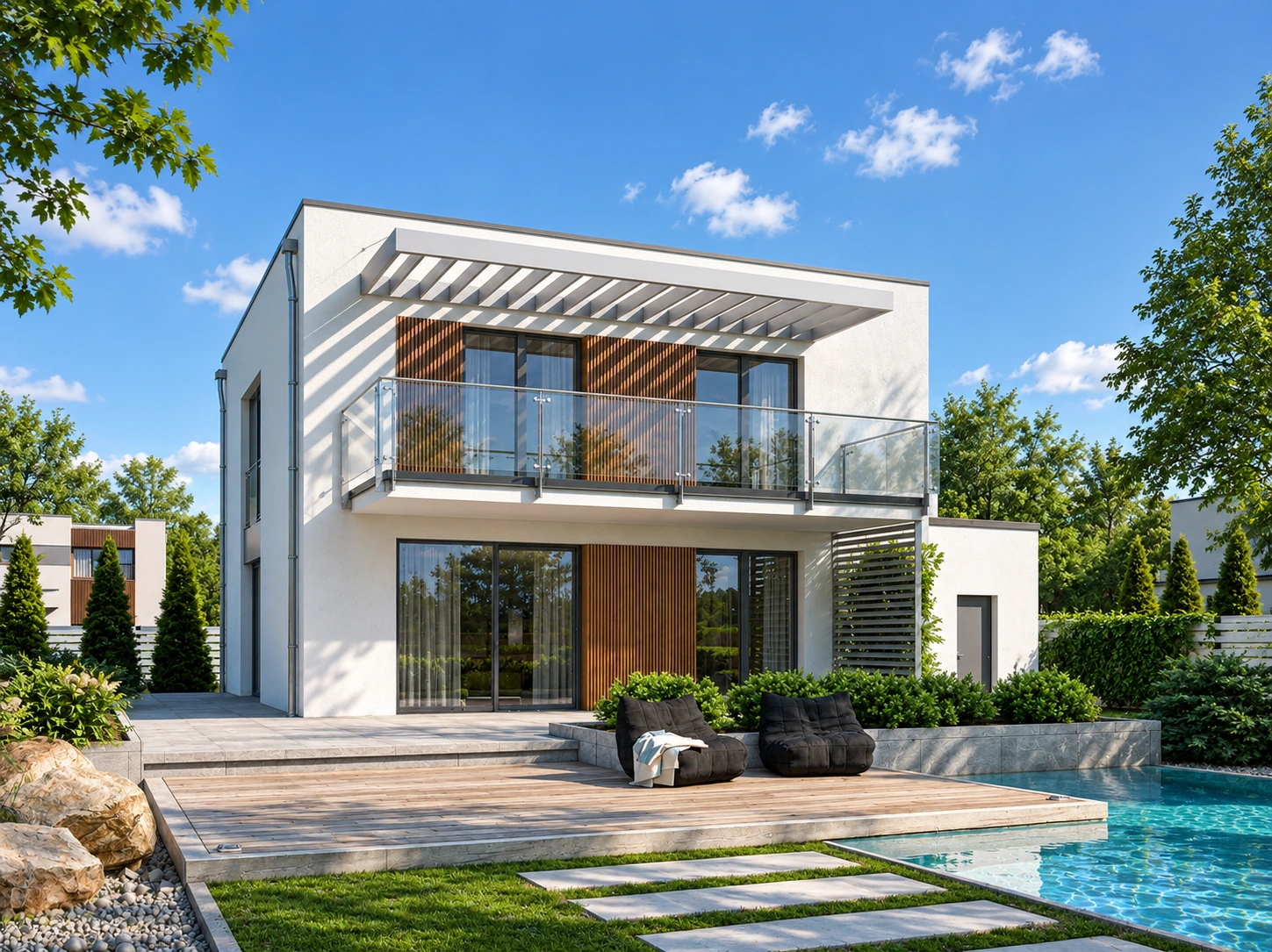 Casa Nucului văzută din grădină, cu terasă, vitraje la parter, balcon cu balustradă din sticlă, pergolă și piscină în amenajarea ilustrată.
