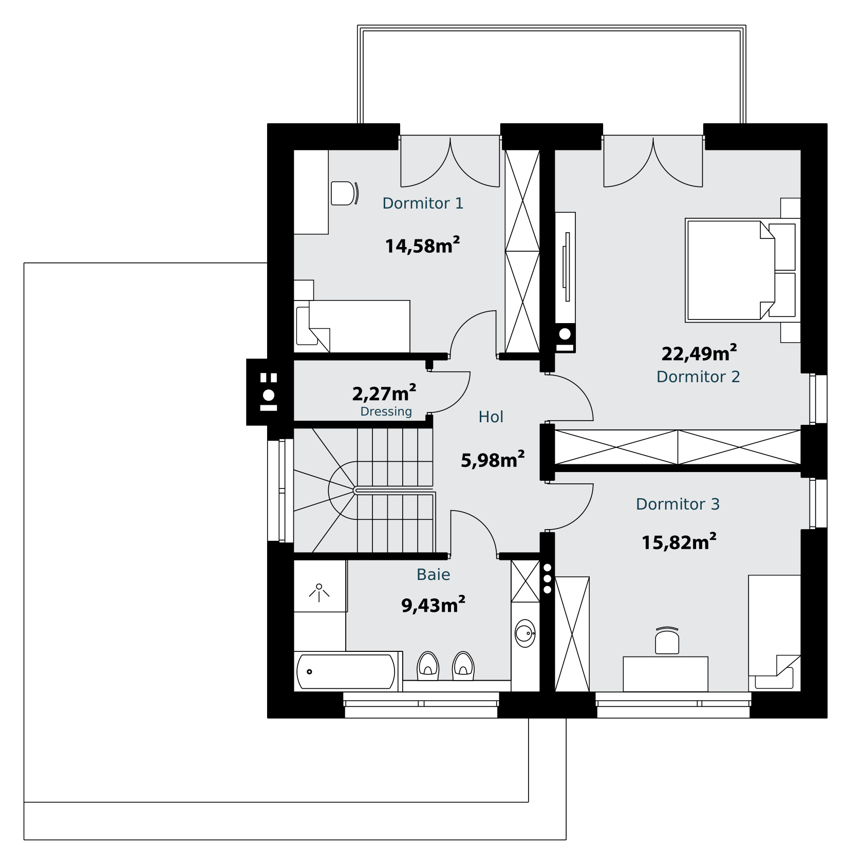 Plan arhitectural etaj Casa Nucului, cu trei dormitoare de 14,58, 22,49 și 15,82 m², baie de 9,43 m², hol și dressing, cu mobilierul original și denumiri în română.