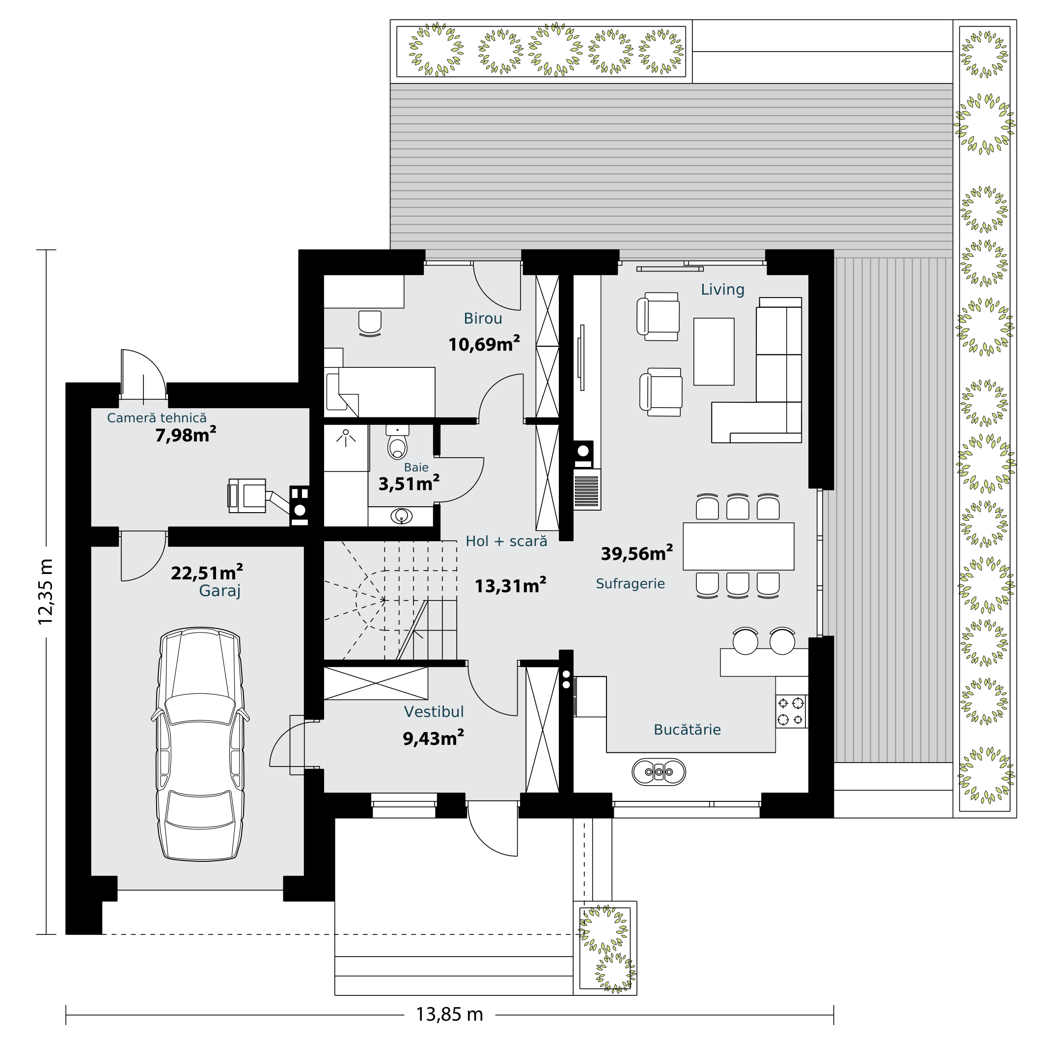 Plan arhitectural parter Casa Nucului, cu vestibul, hol și scară, living cu sufragerie și bucătărie, birou, baie, cameră tehnică și garaj; cote și suprafețe originale.