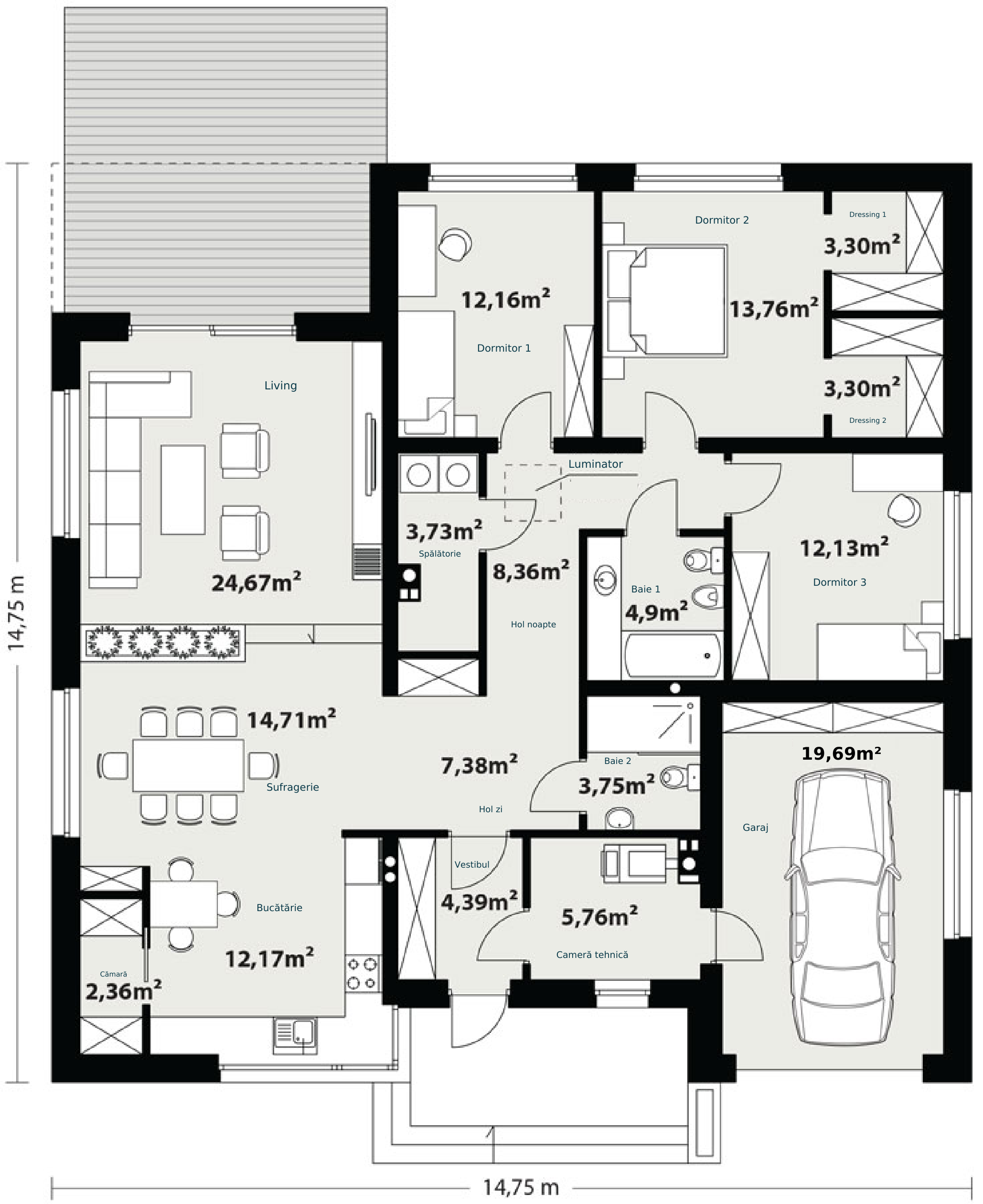 Plan parter Casa Ilinca cu trei dormitoare, două dressinguri, living, sufragerie, bucătărie, cămară, două băi, spălătorie, cameră tehnică și garaj.