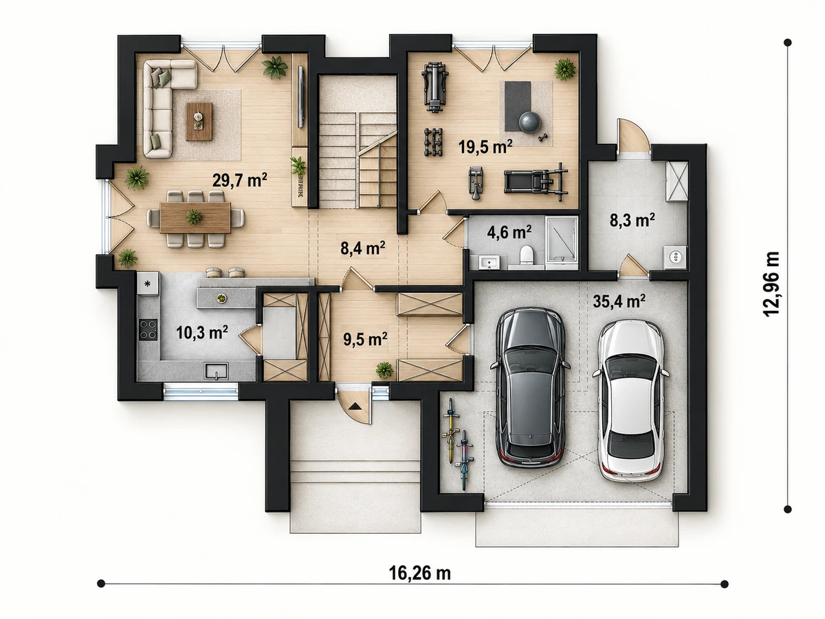Plan mobilat de parter, cu living, bucătărie, spații de circulație și garaj
